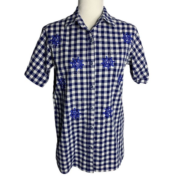 Quacker Factory Tops - Quacker Factory Embroidered Button Up Shirt XXS Blue Gingham Short Sleeves